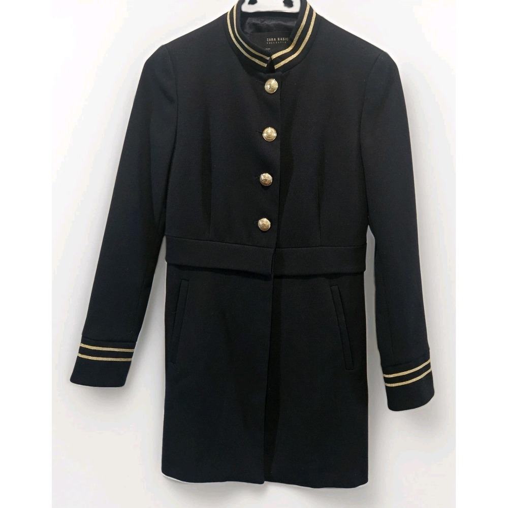 Zara Women Military Band Frock Coat XS Gold Button Trim Dark Academia Navy - Picture 2 of 5